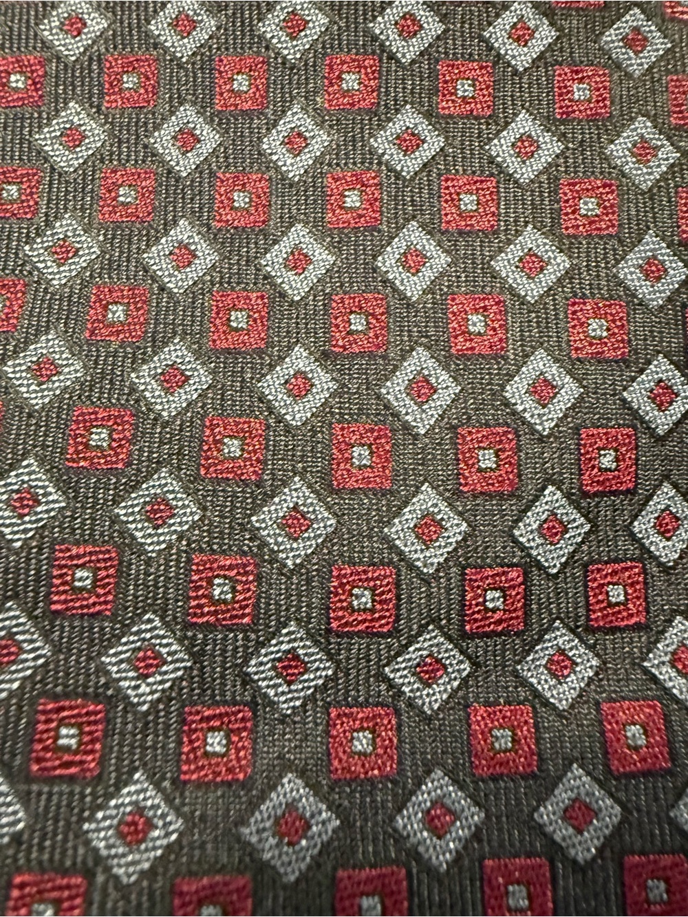 Burberry Dark Blue Silk Tie with Red and Silver Geometric Motif